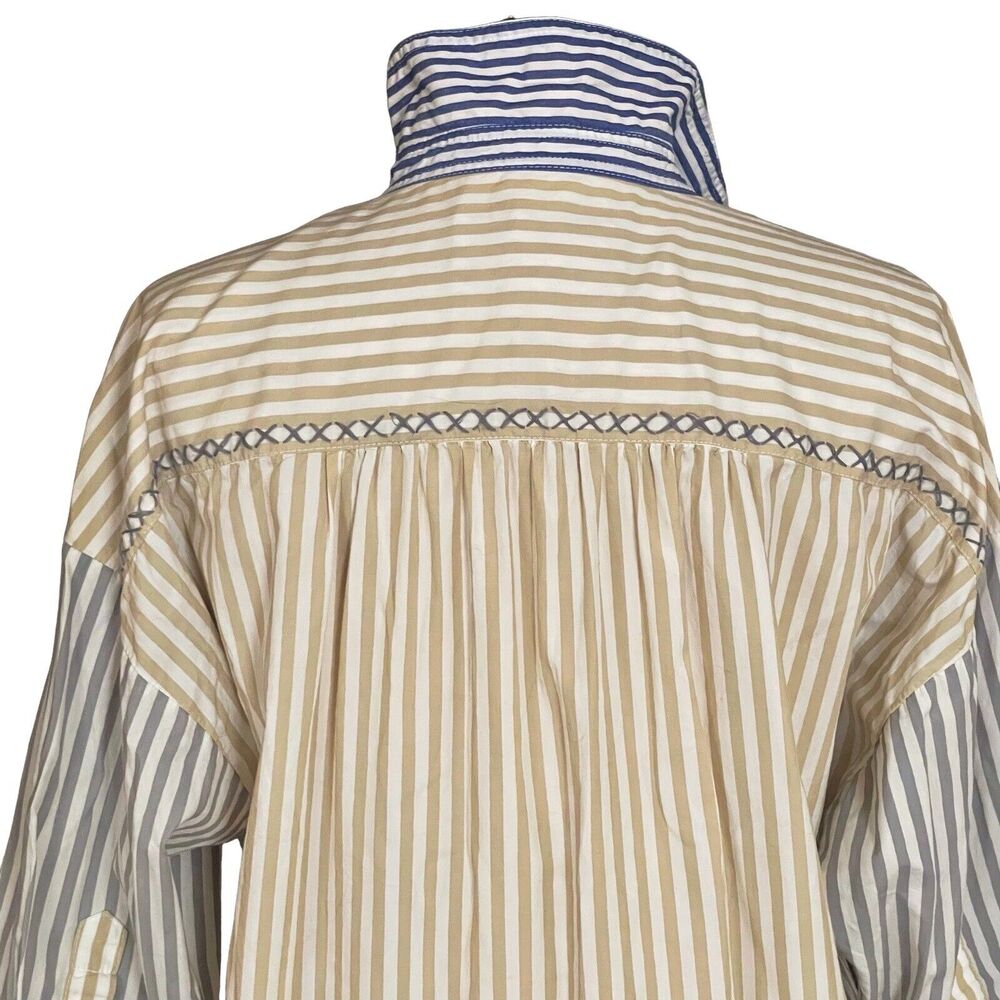Sundance Catalog Top Sz M Preppy Gray Tan White Colorblock Stripes‎ Ribbon Trim